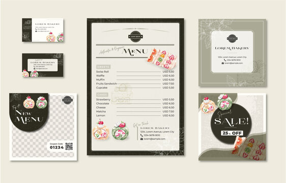 template bundle for a bakery, menu list, business cards, social media post design, with hand-painted watercolor illustration
