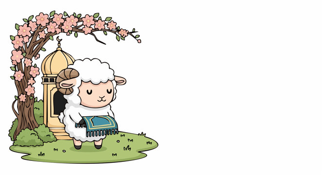 A cute chibi sheep mascot carrying a prayer rug standing under a cherry blossom tree and isolated next to a mosque.