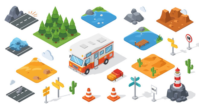 Isometric Travel and Landscape Elements: RV, Road, Trees, Water, Desert, Lighthouse