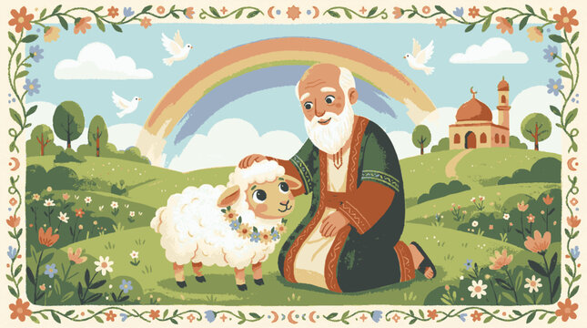 Elderly man in traditional clothing sitting on green field holding sheep with rainbow and church in background