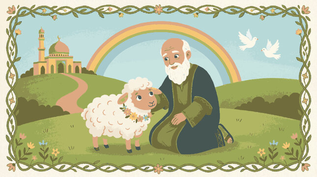 Elderly shepherd tenderly holding a lamb in a vibrant whimsical landscape with rainbow dove and mosque silhouette