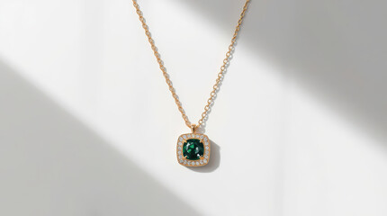 Fototapeta premium Gold pendant necklace with emerald center and diamond halo, elegant luxury accessory soft light