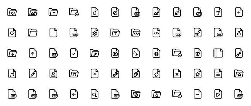 Files and folders icon set. Minimal line vector pack. Includes folder, file, add file, document and more. Editable stroke.