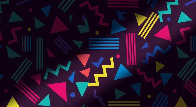Vibrant Retro 80s Memphis Style Pattern with Colorful Geometric Triangles Zigzags and Lines on Dark Background