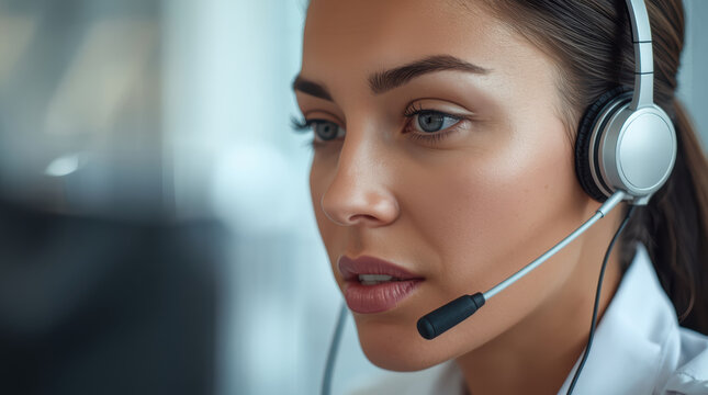 Young customer service agent wearing headset listening attentively with focused expression