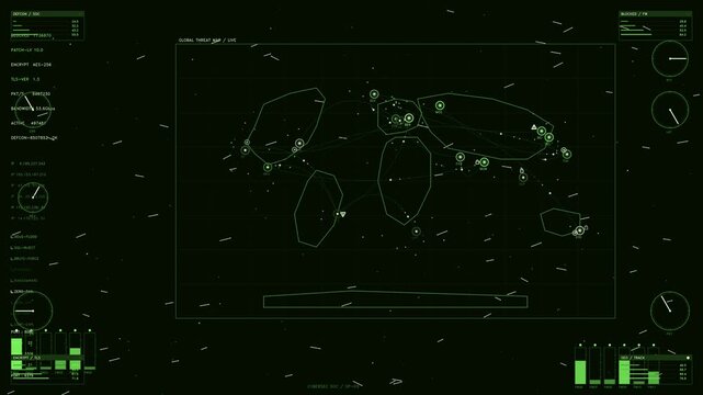Futuristic Cybersecurity HUD Interface with Global Threat Map and Tactical Data Visualization