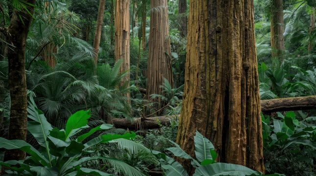 Dense rainforest floor with towering tree trunks and lush understory plants creating serene