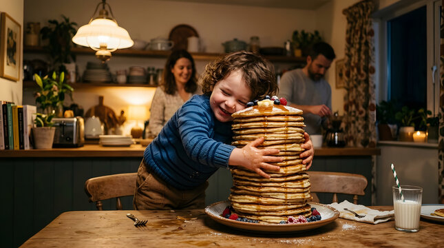 Boy hug big stack pancakes.