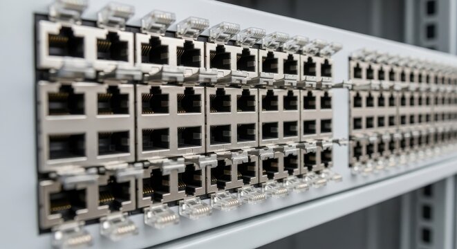 Close-up view of a structured network patch panel with numerous modular RJ45 ports for Cat6a cabling