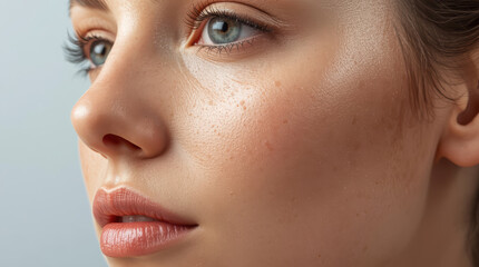 Fototapeta premium Closeup portrait skin detail natural complexion soft expression with visible pores and freckles