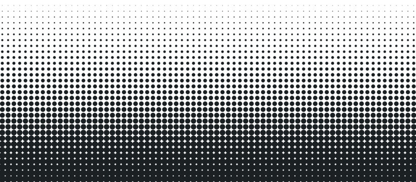 Structured halftone grid of circular dots increasing in size and density toward bottom creating geometric gradient texture with strong visual rhythm for contemporary graphic design print applications