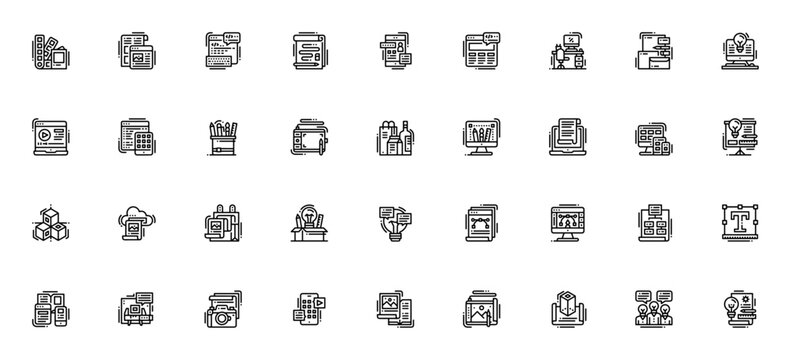 Creative and Design icon set. Minimal vector icons pack. Includes color palette, template, coding, sketching, UI, web design, brand identity, idea, app, typography, mockup, camera and more.