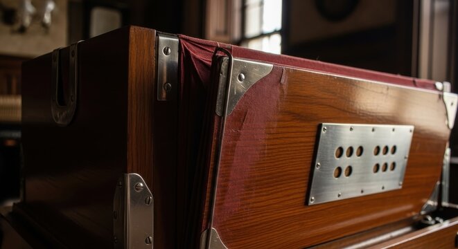 Detailed close-up view of the red bellows and wooden casing of a vintage harmonium musical instrument