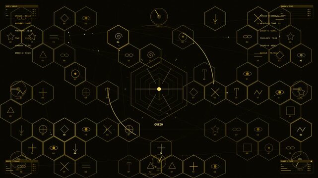 Golden futuristic swarm intelligence interface featuring hexagonal grid and biological data visualization elements