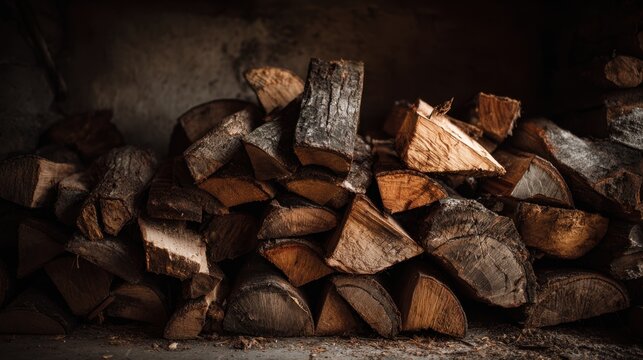 Stack of split firewood logs piled against rustic wall