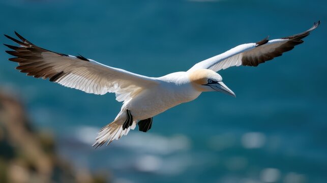 Northern gannet soaring in flight over blue ocean water