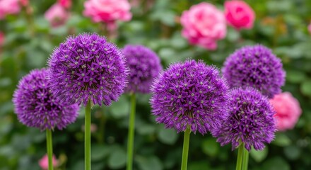 Obraz premium Purple allium flowers with round heads blooming in garden background.
