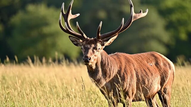 Majestic Red Deer Stag Standing in Golden Meadow with Large Antlers 4K