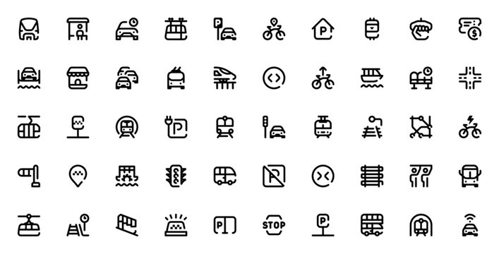 Public transport icon set. Minimalist vector icons pack. Includes monorail, bus stop, carsharing, subway, tram, train, taxi, ferry, bike, parking and more. Editable stroke.