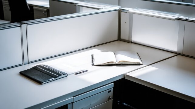 hindsight. Clean modern desk surface in minimalist office space after hours. real-estate listings, architecture portfolios, designed for real-estate listing and luxury residence showcases.