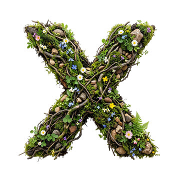 Letter X Made of Natural Elements with Moss, Twigs, Flowers, and Stones
