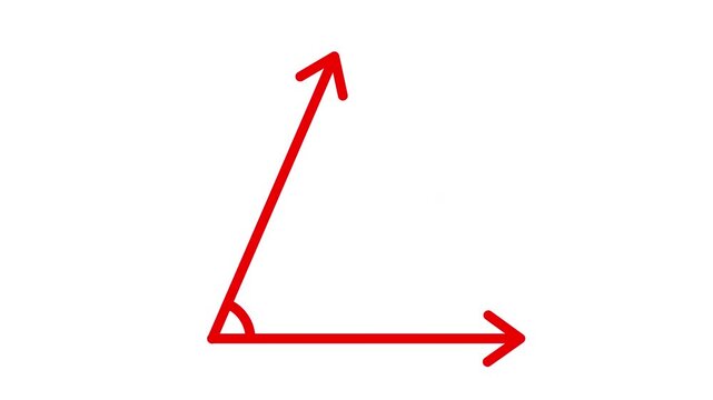 A simple red line illustration of a geometric angle, showing an arc at its vertex and two arms with arrows, representing basic mathematical concepts on a white background