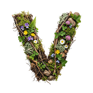 Letter V Made of Natural Elements with Moss, Twigs, Flowers, and Stones