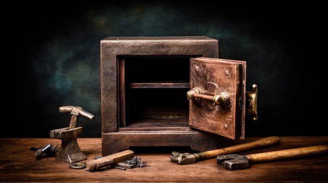 breakin. Antique safe with its door pried open and tools scattered nearby. safety posters, maintenance manuals, designed for industrial assembly lines and welding operations.