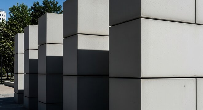Uniform grey concrete blocks stacked in a geometric architectural formation with reflective surfaces outdoors