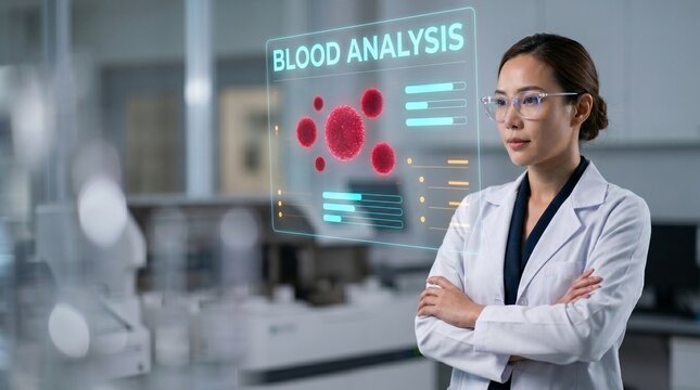 Premium Asian Female Medical Expert with Crossed Arms Analyzing Color-Coded AR Blood Dashboard Copyspace