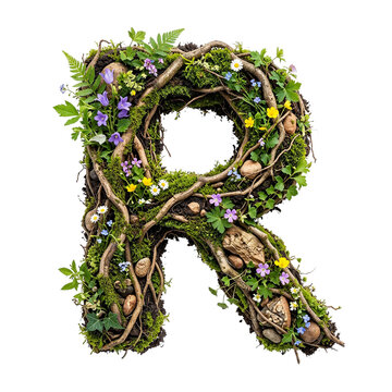 Letter R Made of Natural Elements with Moss, Twigs, Flowers, and Stones