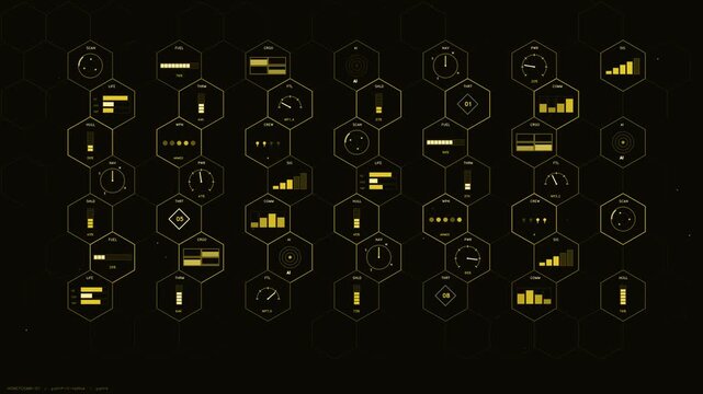 Sci-fi interface HUD with yellow hexagonal telemetry data and spaceship tactical dashboard display