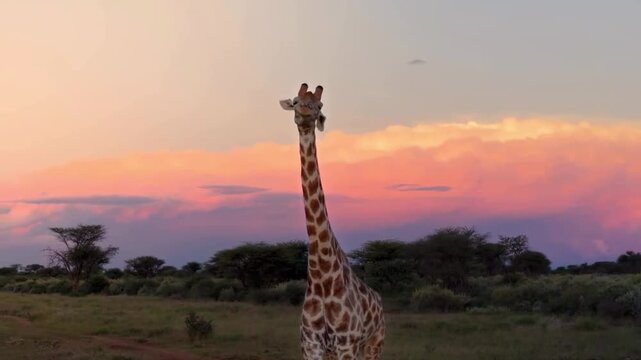 A majestic giraffe standing in the african savanna at sunset