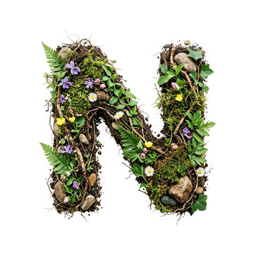 Letter N Made of Natural Elements with Moss, Twigs, Flowers, and Stones