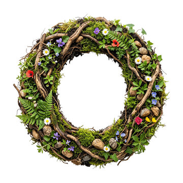 Letter O Made of Natural Elements with Moss, Twigs, Flowers, and Stones