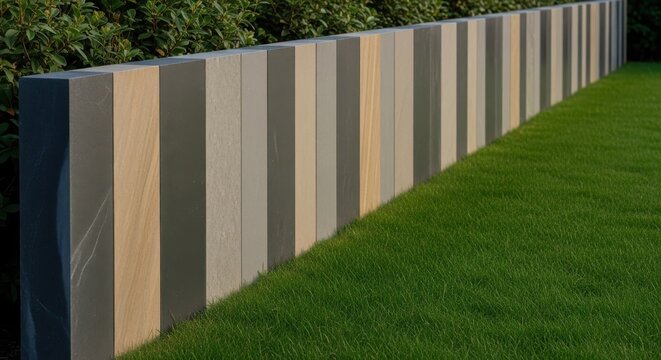 Variety of Composite Stone and Wood Slabs Laid Vertically in a Garden Setting