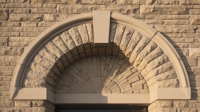 overfed. Stone arch doorway with radial brick pattern and central keystone in daylight. real-estate listings.