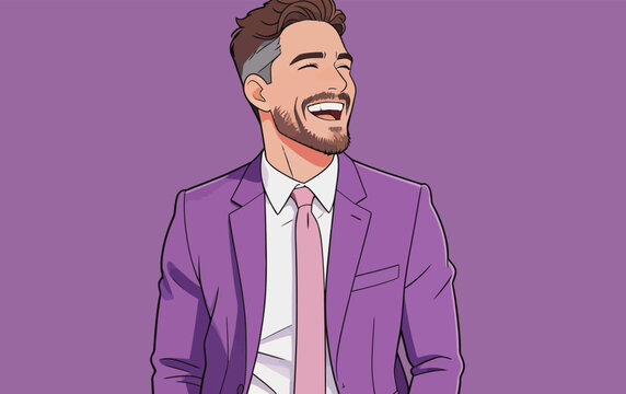 Happy stylish male character in purple suit laughing