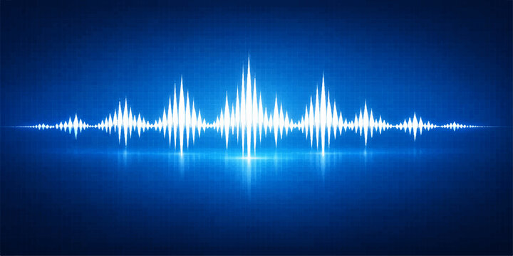 A digital technology illustration featuring a sound wave vector pattern that blends a music equalizer waveform with a medical EKG heartbeat pulse and cardiogram frequency graph