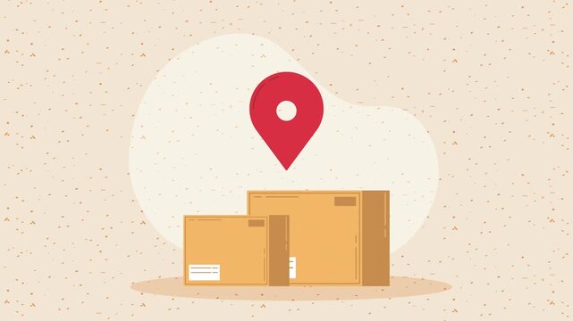 Logistic and delivery service animation with cardboard boxes and red location pin on textured background.
