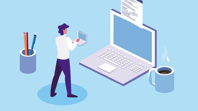 Business office motion graphic with laptop, coffee cup, and man working with devices in a clean blue background.