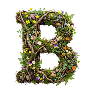 Letter B Made of Natural Elements with Moss, Twigs, Flowers, and Stones