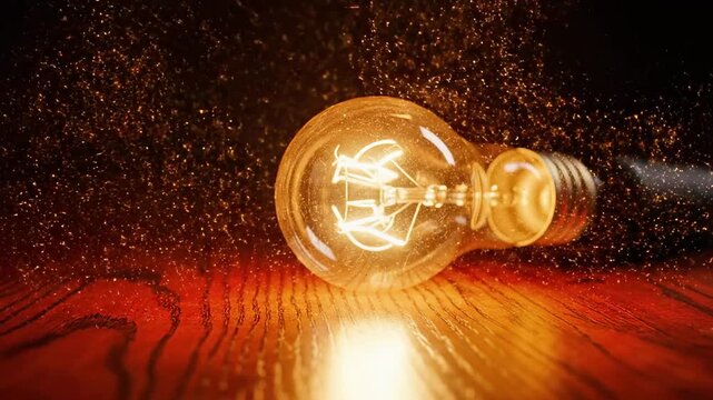 A glowing light bulb lying on a wooden surface with sparks flying around it