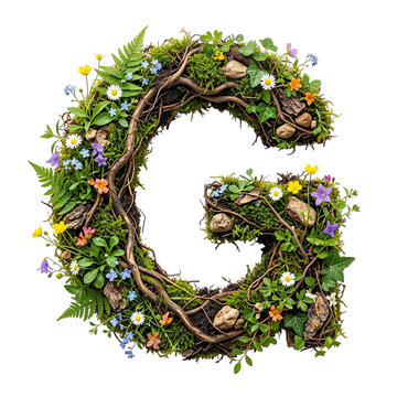 Letter G Made of Natural Elements with Moss, Twigs, Flowers, and Stones