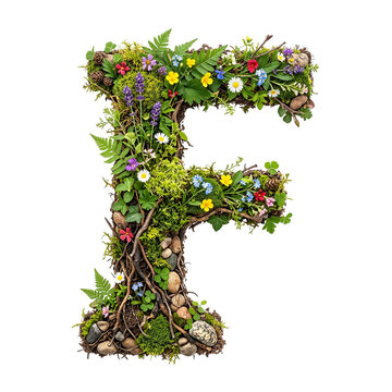 Letter F Made of Natural Elements with Moss, Twigs, Flowers, and Stones