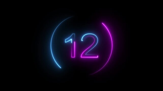 A dynamic neon circular animation, and glowing neon number 12 animation . on a black background. and creating a stunning video. 4k video