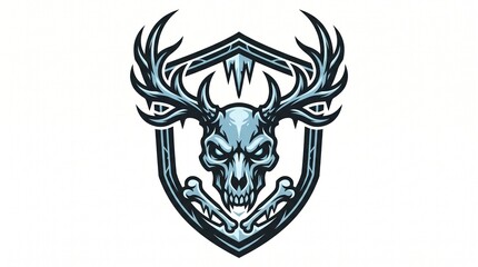 Fototapeta premium Fierce Ice Stag Skull Emblem Crest with Antlers and Crossbones Symbol