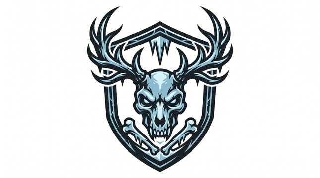 Fierce Ice Stag Skull Emblem Crest with Antlers and Crossbones Symbol