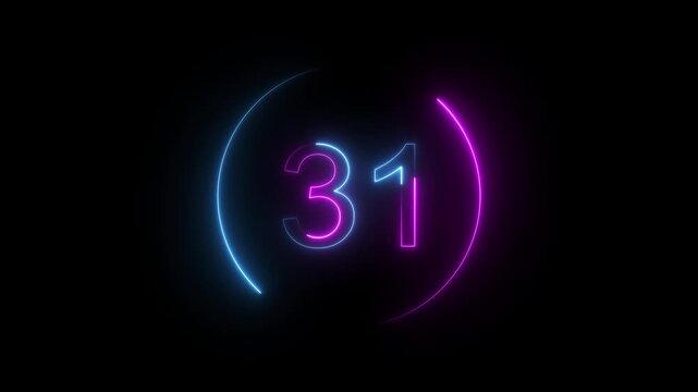 A dynamic neon circular animation, and glowing neon number 31 animation . on a black background. and creating a stunning video. 4k video