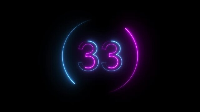 A dynamic neon circular animation, and glowing neon number 33 animation . on a black background. and creating a stunning video. 4k video